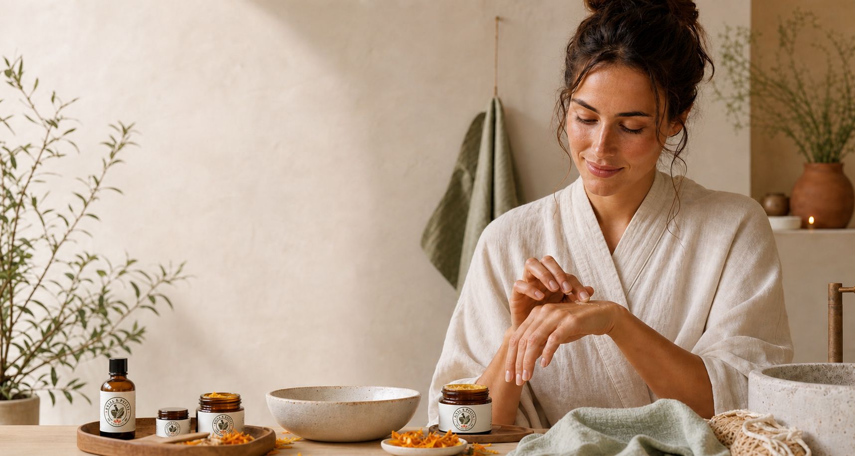 Woman applying Petal and Pestle balm at a calm vanity
